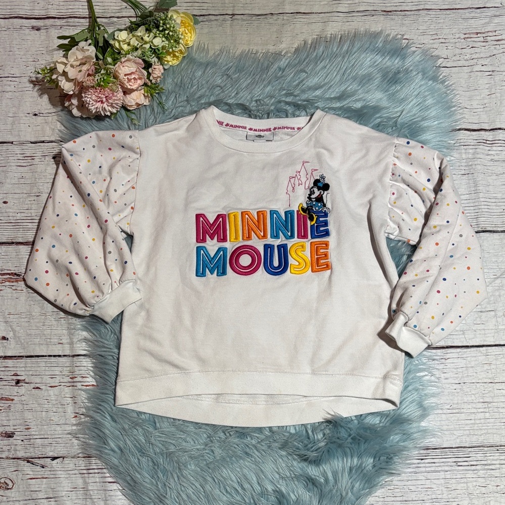 Disney Parks Minnie Mouse Kids Sweatshirt - White with Multicolor Letters sz L